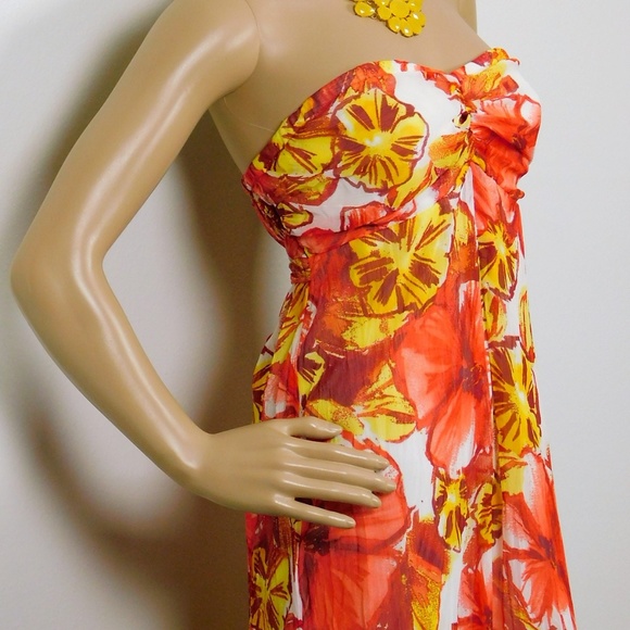 Juniors Strapless Maxi Chiffon Floral Dress Coral Size M Beach Long - Picture 2 of 8